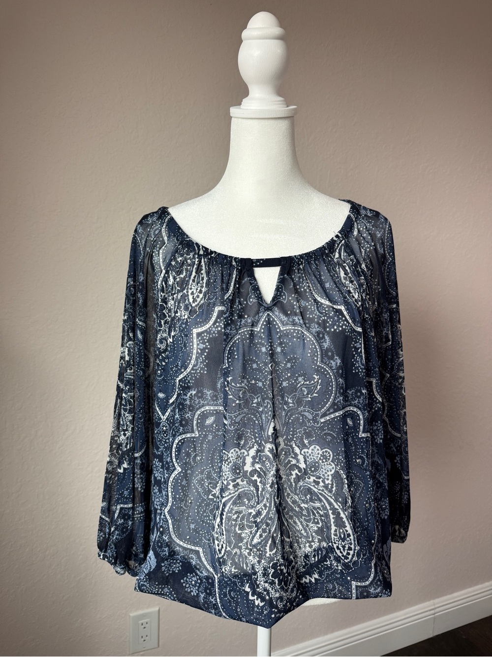 INC International Concepts Blue Paisley Embellished Peasant Blouse L
